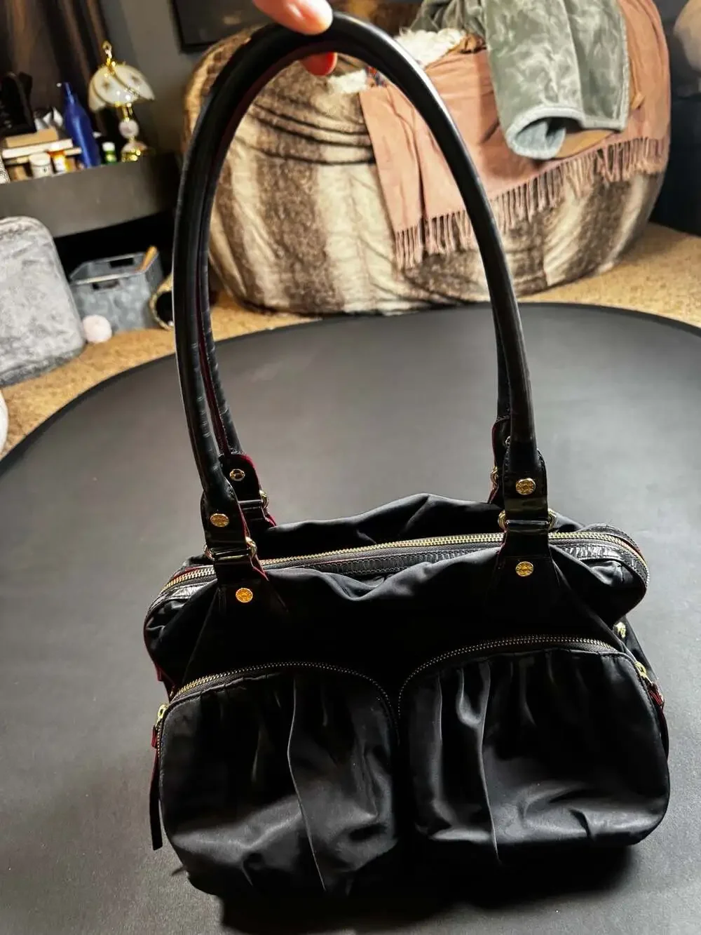 MZ Wallace Black Nylon Satchel Handbag with Dual Exterior Pockets